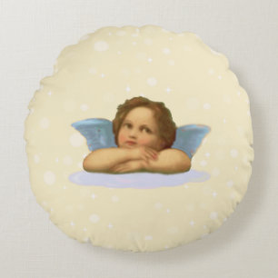Stilvoller Raphael-Cherub auf hellbeigem Rundes Kissen