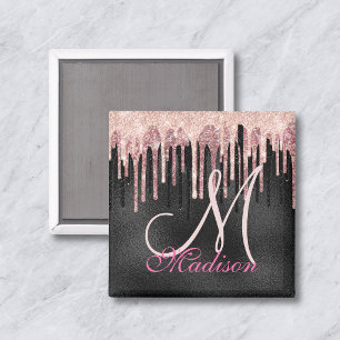 Stilvoller Rosé-Blush-Schwarz-Tropfen-Monogramm Magnet