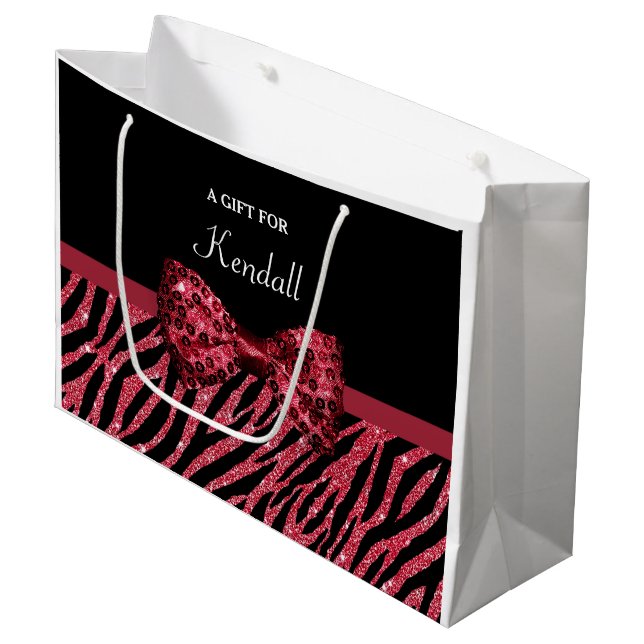 Stilvoller roter Zebra-Druck IMITAT Glitz-Bogen Große Geschenktüte (Vorderseite Schrägansicht)