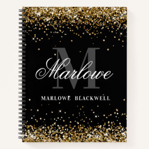 Stilvoller Schwarz-Weiß-Monogram-Gold-Glitzer Notizbuch