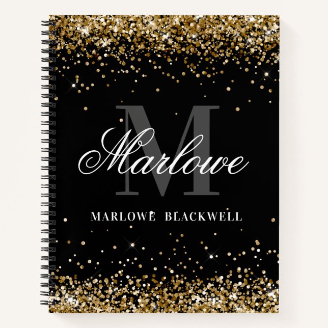 Stilvoller Schwarz-Weiß-Monogram-Gold-Glitzer Notizbuch (Vorderseite)