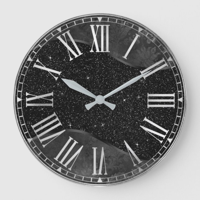 Stilvoller Schwarzer Glitzer und Silberflorfolie Große Wanduhr (Vorderseite)