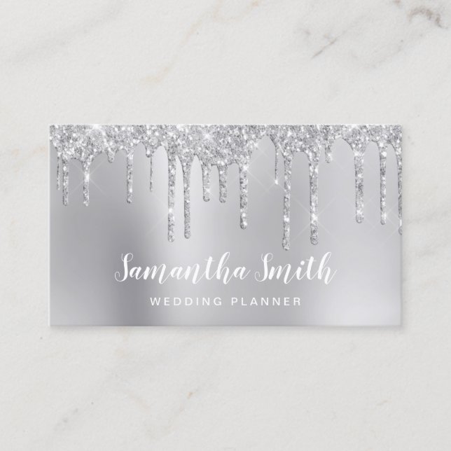 Stilvoller Silberner Glitzer Tropfen Hochzeitsplan Visitenkarte (Vorderseite)