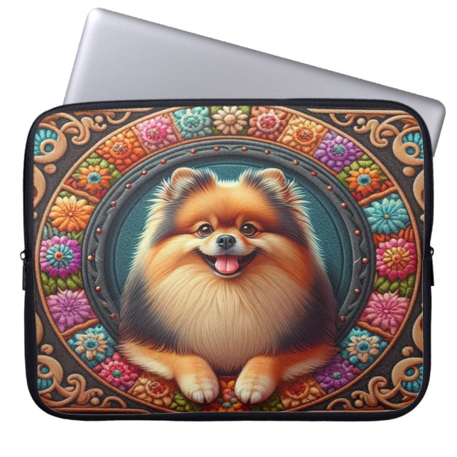 Stilvoller Spitz Hund bläserfarbene Grenze Laptopschutzhülle (Vorderseite)