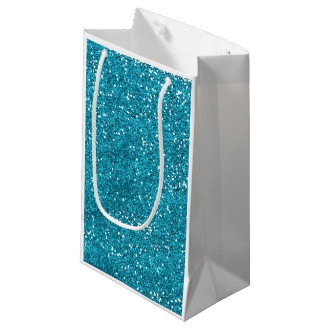 Stilvoller Türkis-Blau-Glitzer Kleine Geschenktüte (Vorderseite Schrägansicht)