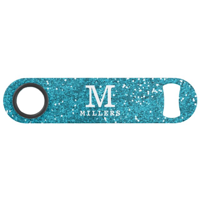 Stilvoller türkisblauer Glitzer Mit Monogramm Speed Flaschenöffner (Vorderseite (Horizontal))