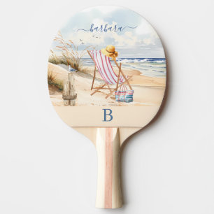 Stilvoller Wasserfarbe-Strand-Ozean-Monogramm-Name Tischtennis Schläger