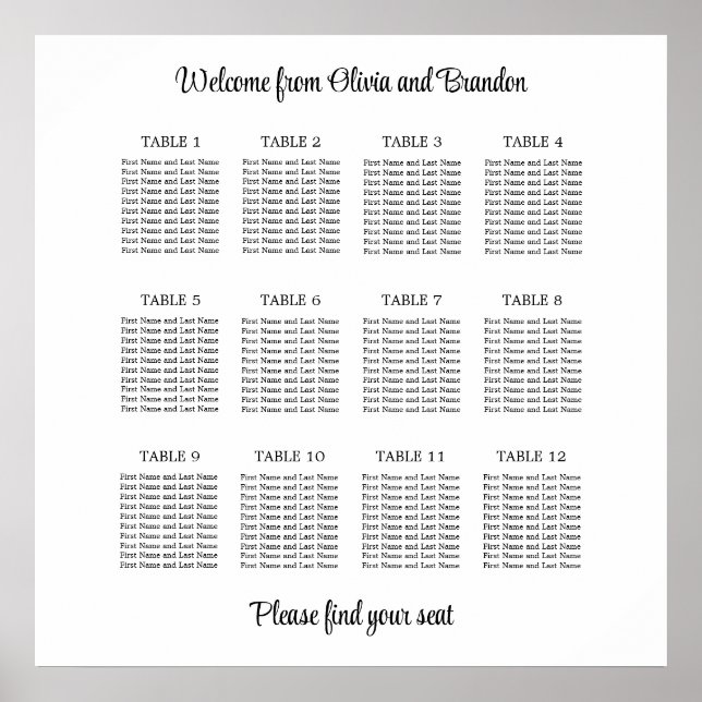 Stilvolles 12 Tisch Hochzeitskartentabelle Poster (Vorne)