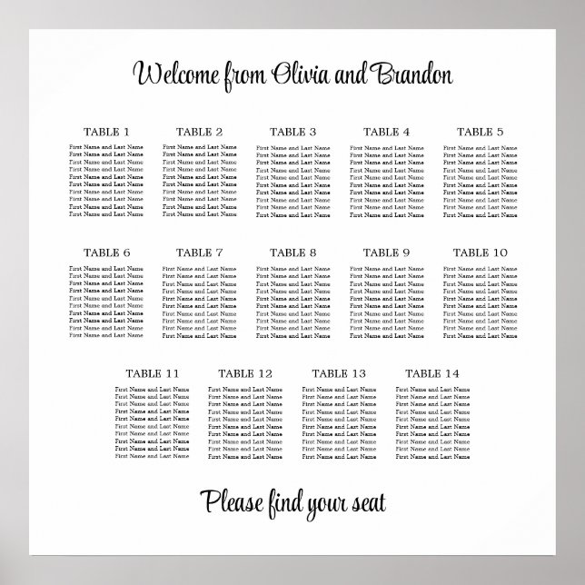 Stilvolles 14 Table Wedding Seating Chart Poster (Vorne)