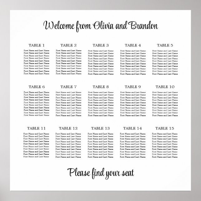Stilvolles 15 Table Wedding Seating Chart Poster (Vorne)