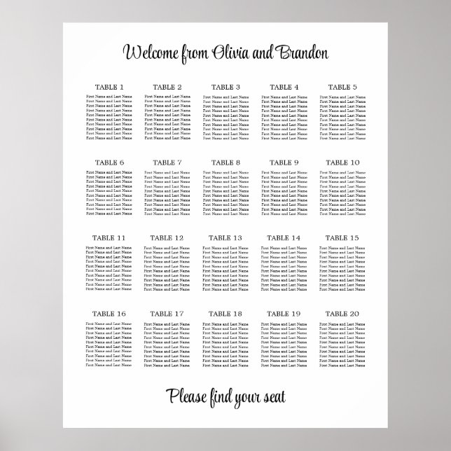 Stilvolles 20 Table Wedding Seating Chart Poster (Vorne)