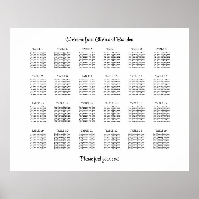 Stilvolles 24 Tisch Hochzeitsstühle-Chart-Poster Poster (Vorne)