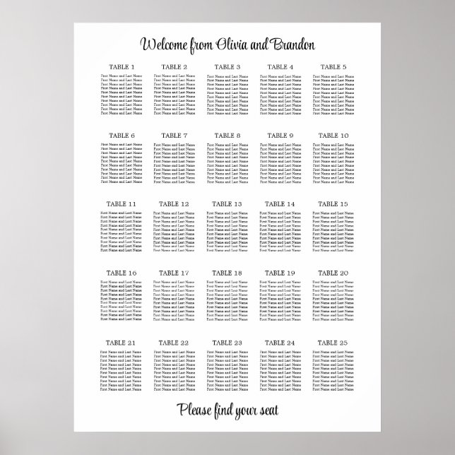 Stilvolles 25-Tisch-Hochzeits-Sitzplan-Poster Poster (Vorne)