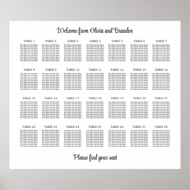 Stilvolles 28 Table Wedding Seating Chart Poster (Vorne)