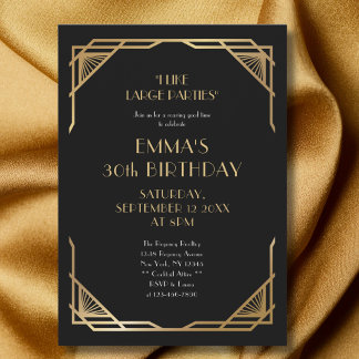 Stilvolles Black Gold Gatsby 30. Geburtstag Party Einladung
