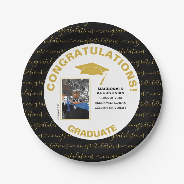 Stilvolles Black Gold Graduate Foto Pappteller (Vorderseite)