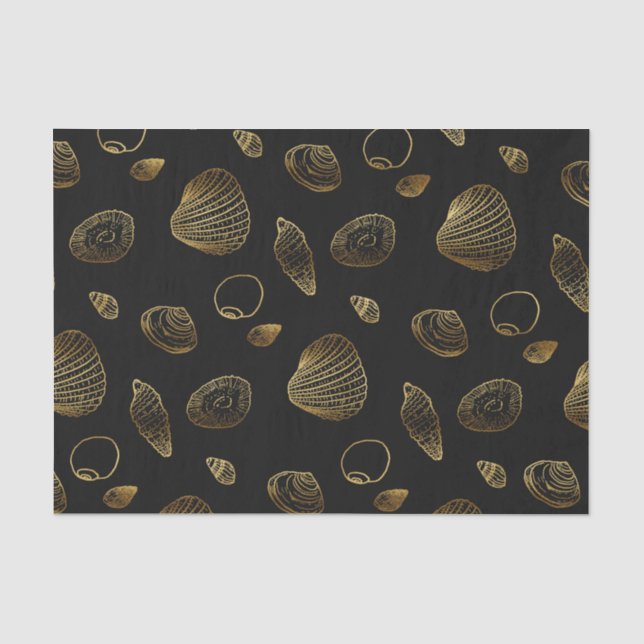 Stilvolles Black Gold Seashells Muster Seidenpapier (Vorderseite)