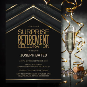 Stilvolles Black Gold Surprise Retirement Party Einladung