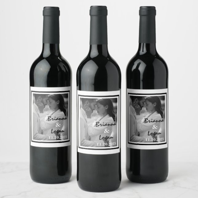 Stilvolles Black & White Wedding Wine Label Weinetikett (Flaschen)