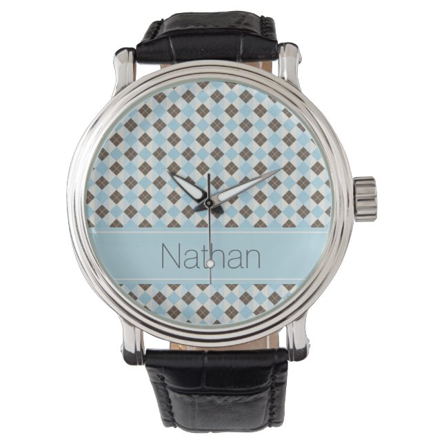 Stilvolles Blau-Braun-Raute-Muster Personalisiert Armbanduhr (Vorderseite)