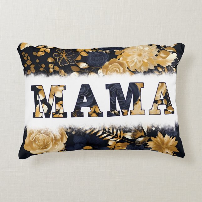 Stilvolles blau + goldblütenfarbenes MAMA aus Kids Dekokissen (Vorderseite)