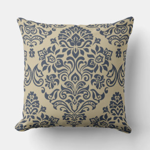 Stilvolles Blau und Creme Damask Muster Kissen
