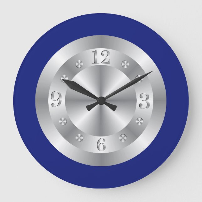 Stilvolles Blau und silbergraue Zahlen Große Wanduhr (Vorderseite)