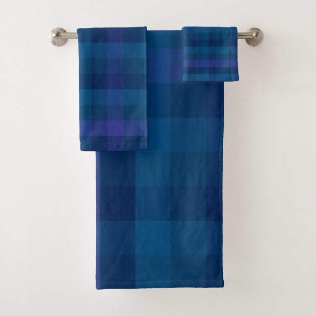 Stilvolles Blaues Lila Karo Geometrisches Karierte Badhandtuch Set (Insitu)