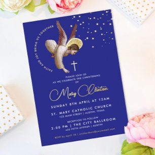 Stilvolles Blue Angel Christening Taufen Malerei Folieneinladung