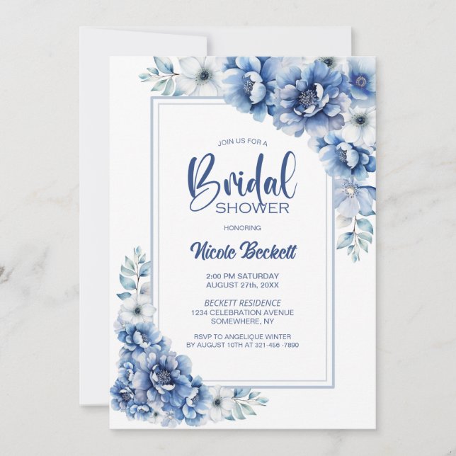 Stilvolles Blue Floral Brautparty Einladung (Vorderseite)