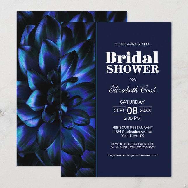 Stilvolles Blue Floral Brautparty Einladung (Vorne/Hinten)