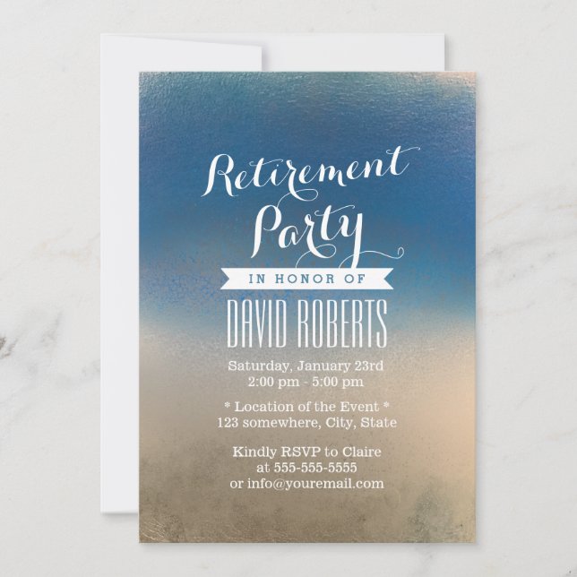 Stilvolles Blue & White Winter Retirement Party Einladung (Vorderseite)