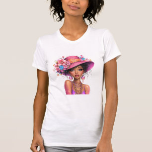 Stilvolles Blumenhut Frau Lebendige Porträtkunst T-Shirt
