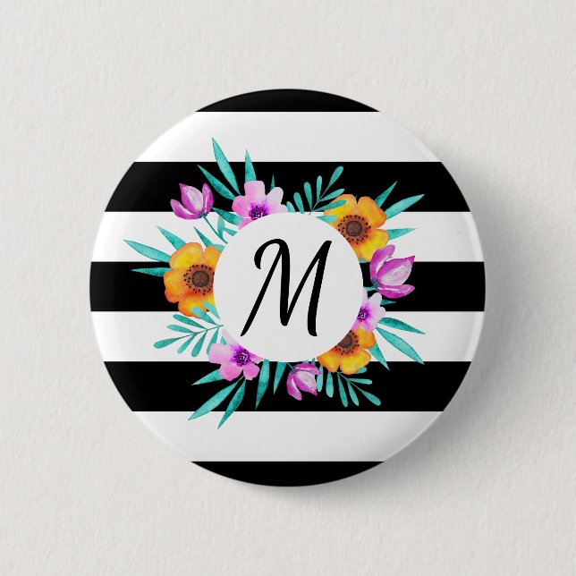 Stilvolles BlumenKranz-Schwarzes Stripes Monogramm Button (Vorderseite)