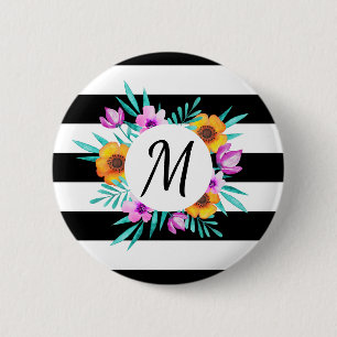 Stilvolles BlumenKranz-Schwarzes Stripes Monogramm Button