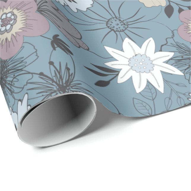 Stilvolles Blumenmuster mit blauen Blume Geschenkpapier (Rolleneckpunkt)
