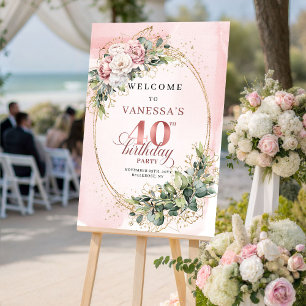 Stilvolles Boho-Hochzeitsrosa-Blumen-40-Geburtstag Poster