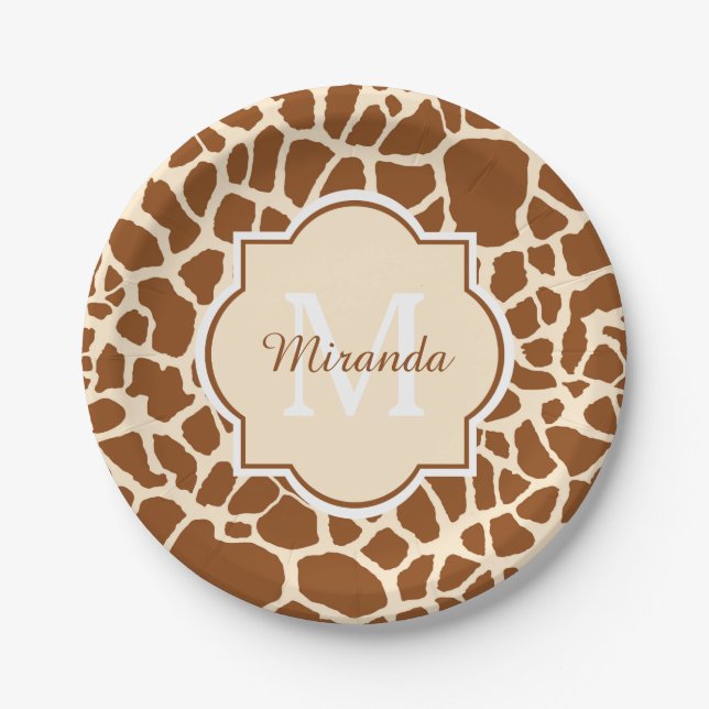 Stilvolles Brown-Giraffen-Druck-Monogramm und Name Pappteller (Vorderseite)