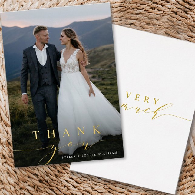 Stilvolles Calligrafy Gold Foil Foto Danke Karte (Front & Back)
