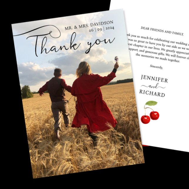 Stilvolles Cherry Wedding Foto und Black Calligrap Dankeskarte (Von Creator hochgeladen)