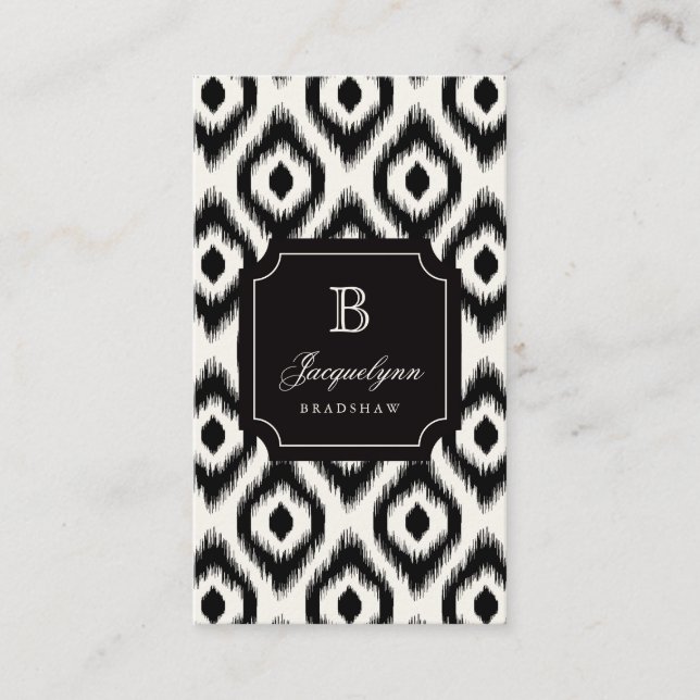 Stilvolles Chic Black Ivory Diamond Ikat Monogram Visitenkarte (Vorderseite)