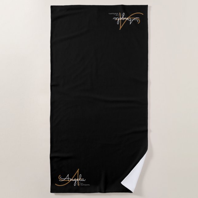 stilvolles chic Monogramm auf schwarz Strandtuch (Vorderseite)