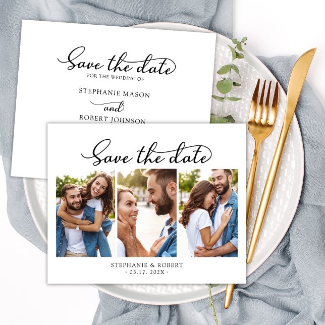 Stilvolles Chic Script 3 Foto Collage Wedding Save The Date (Von Creator hochgeladen)