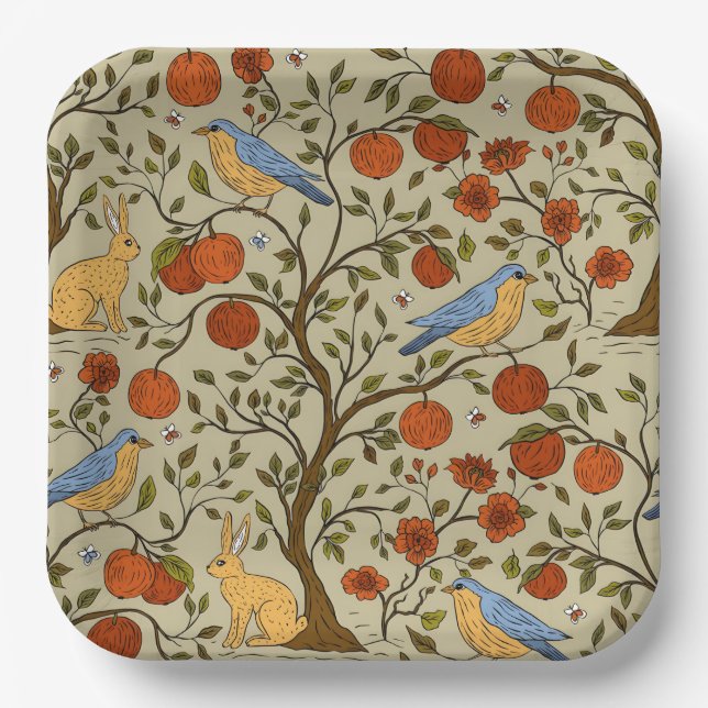 Stilvolles Design mit orangen Äpfeln auf braunen B Pappteller (Vorderseite)