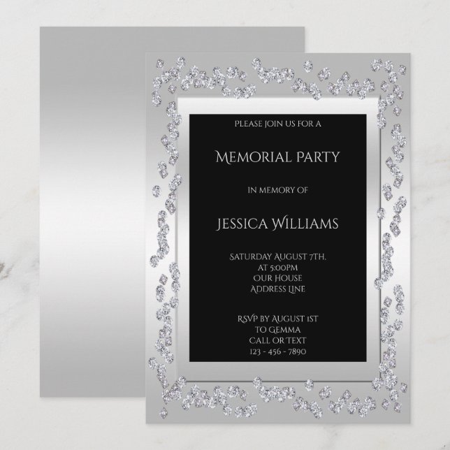 Stilvolles Diamonds Silver Memorial Party Einladung (Vorne/Hinten)
