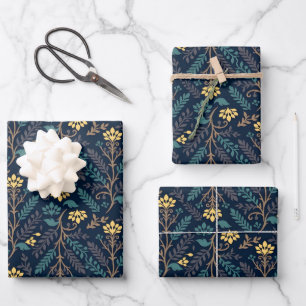 Stilvolles dunkelblaues Stoffmuster mit Blumen Geschenkpapier Set