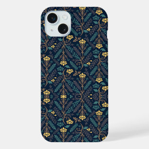 Stilvolles dunkelblaues Stoffmuster mit Blumen iPhone 15 Plus Hülle