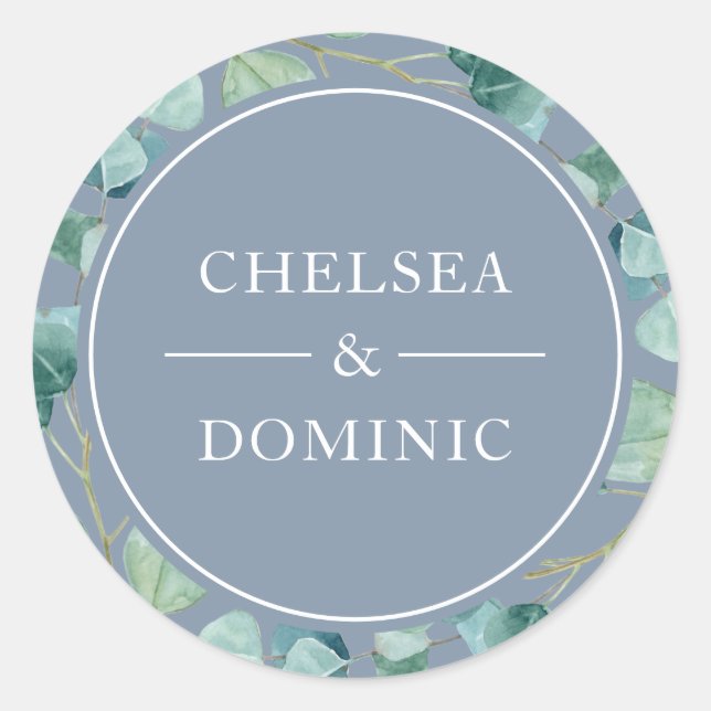 Stilvolles Dusty Blue Eucalyptus Wedding Label Runder Aufkleber (Vorderseite)