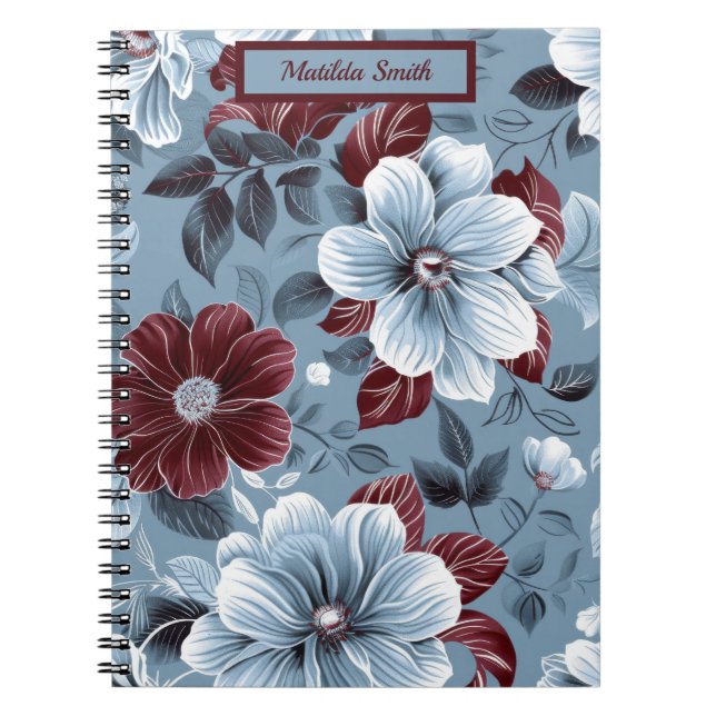 Stilvolles Dusty Blue und Burgundy Floral Notebook Notizblock (Vorderseite)