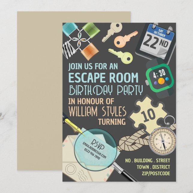 Stilvolles Escape Room, Geburtstagsparty Einladung (Vorne/Hinten)